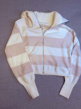 Happily Grey Striped Full Zip Cropped Sweater Size M